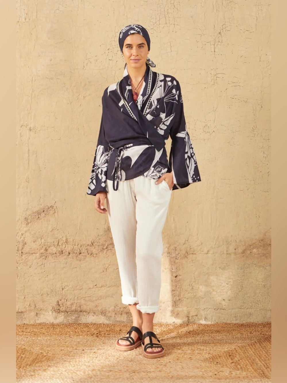 Navy and White Wrap-Front Printed Blouse with Tie